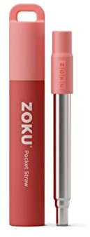 ZOKU - Cannuccia portatile per portachiavi, tasche, borse e altro ancora, cannuccia riutilizzabile in acciaio inox con bocchino e custodia in silicone, regolabile fino a 22,9 cm, rosso