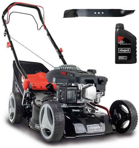 Scheppach Tondeuse à Gazon Thermique MS132-42 | 3,4 CV | Largeur de Coupe 42cm | Robuste | Fonction Mulching | Panier de 45L | Réglage de la Hauteur en 7 étapes (25-75mm) | Lame supp. + Huile Incluse