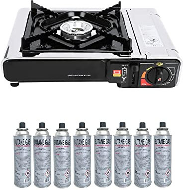 Greenpoint Gaskocher(Edelstahl) + 8 Gaskartuschen - Campingkocher Ink.Tragekoffer mit 8 Gaskartusche, Gaskocher mit Kartusche, Campingkocher mit Kartusche Camping Gas Stove