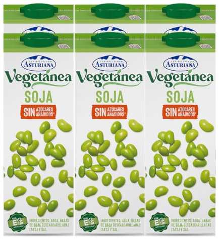 Central Lechera Asturiana - Vegetánea Bebida de Soja Sin Azúcar Añadido, Pack de 6 Briks de 1 Litro con Tapón de Rosca, 6 x 1L, 6000 Mililitros