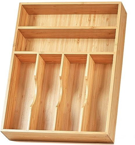 Umilife Kitchen Drawer Organizer, 12 Inch Silverware Utensil Tray Holder, Extra Deep, with Non-Slip Feet & Grooved Drawer Divider, 6 Slots Total Bamboo Wood Caddy for Flatware Cutlery Knives