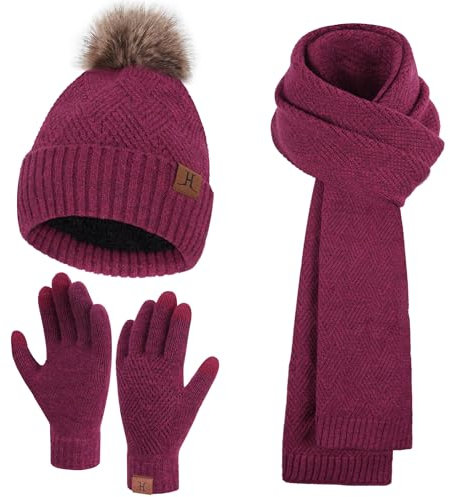 Bequemer Laden Damen Winter Warm Mütze Touchscreen Handschuhe und Lang Schal Set mit Dick Fleece Gefütterte, Thermo Wintermütze Strickmütze Beanie Schals Winterhandschuhe Strickhandschuhe, Rosarot
