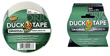 Duck Tape Original Clear, 50mm x 25m, Improved Formula High Strength Waterproof Gaffer and Duct Adhesive Cloth Repair Tape Tape Original Black, 50mm x 25m.