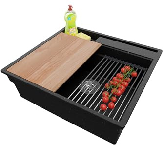PRIMAGRAN Spülbecken Schwarz Metallic 58x53cm, Granitspüle 1 Becken + Ablauf-Set + Küchenzubehörset, Küchenspüle ab 60er Unterschrank - Oslo Pocket S145