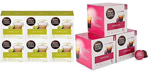 Nescafé Dolce Gusto Cappuccino - Café Gourmand - 96 Capsules (Pack de 6 boîtes x 16) & Espresso - Café - 90 Capsules (Pack de 3 boîtes XL x 30)
