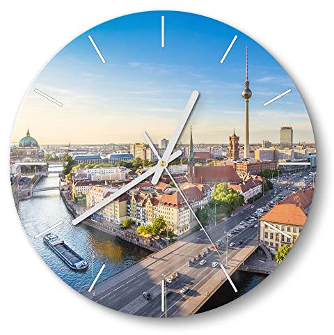 DEQORI Glasuhr | rund Ø 30 cm | Motiv Berlin aus der Luft | ausgefallene leise Design Uhr aus Glas | Wanduhr für Wohnzimmer & Küche | Moderne Hingucker Uhr für die Wand