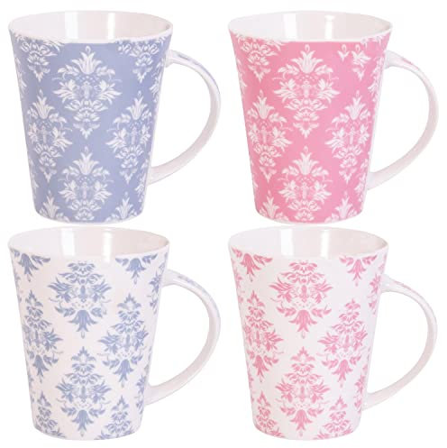 Set of 4 New Bone China Mugs Blue and Pink Coffee Tea Cups Retro Traditional Design Damask for Him and Her