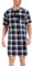 Yukiuiny Chemise de Nuit Homme Pyjama Manches Courtes Hauts de Pyjama Homme Tee-Shirt Long Col V avec Boutons Vêtements d'Intérieur T-Shirt Grande Taille Douce Confortable Carreaux Bleu*Courte-A XXL