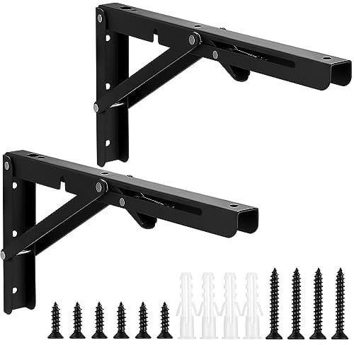 Qeapug Folding Shelf Brackets, 2pcs Heavy Duty Collapsible Shelf Brackets, Folding Brackets Wall Mounted Triangle Shelves Bracket Supports for Bench Table Shelf, Black, Max Load 80kg (30cm/12 Inch)