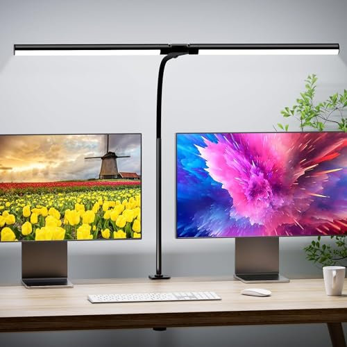 Quntis Lámpara LED de Escritorio, 80cm 15W Flexo LED Escritorio Potente con Doble Cabeza y Pinza, 4 Modos & 4 Niveles Brillo, Protección Ocular Luz de Escritorio para Trabajo, Estudio, Oficina