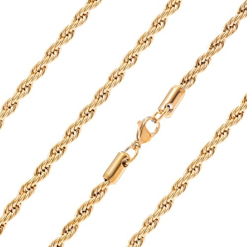 Ardú Mens Gold Rope Chain - 18 inch, 4mm Stainless Steel Gold Plated | Waterproof & Tarnish Resistant | Heavy Jewellery for Men