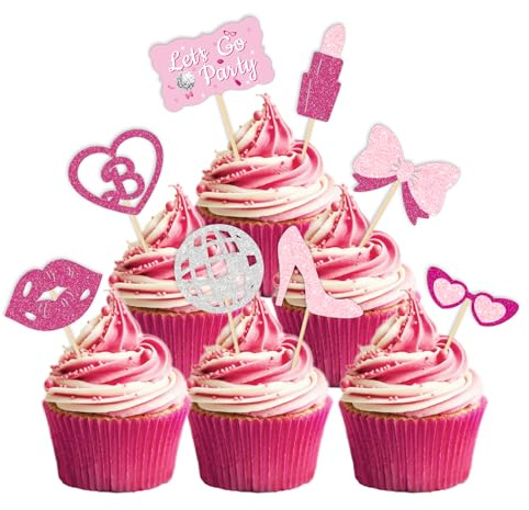 NANAGALI 24Pcs Princess Cupcake Toppers - NO DIY - Hot Pink Let's Go Party Lipstick Kiss High Heel Bow Tie Disco Cupcake Toppers for Birthday Party Decoration Bachelorette Bridal Shower Wedding Party
