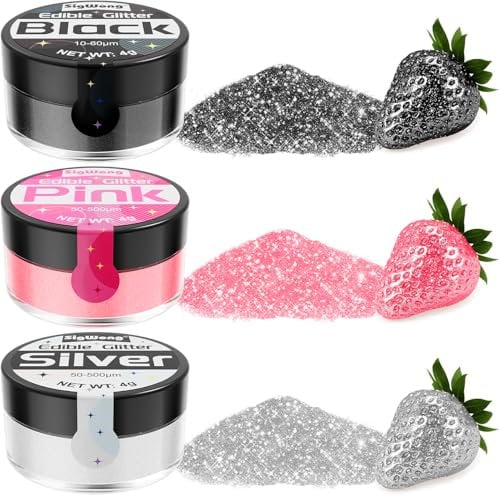 Edible Glitter - 3 Colours Edible Luster Dust Glitter Powder Set, Sprinkle Edible Glitter for Drinks Cake Decorations, Chocolates, Muffins, Cocktail, Cream, Halloween-4g-Black, Silver, Pink