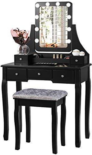 HOMASIS Schminktisch mit 360°drehbaren Spiegel & gepolsterten Hocker, Kosmetiktisch mit 10 dimmbaren LEDs, Frisiertsich-Set mit 5 Schubladen & 3 Fächer, Make-up Tisch, Computertisch aus Holz (Schwarz)