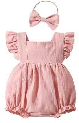 Yanmucy Baby Mädchen Baumwolle Strampler Neugeborenes Kleinkind Ruffle ärmellos rückenfrei Bodysuit mit Stirnband Sommer Baby Overall Outfits 0-18 Monate (Rosa, 0-3 Monate)