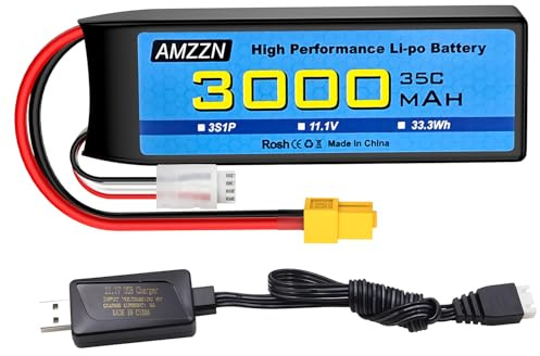 AMZZN 3S Lipo Battery 11.1V 3000mAh 35C with XT-60 Plug and USB Charging Cable for RC Cars, Trucks, Remote-Controlled Ships, RC Drones, Quadcopters, FPV UAV Batteries