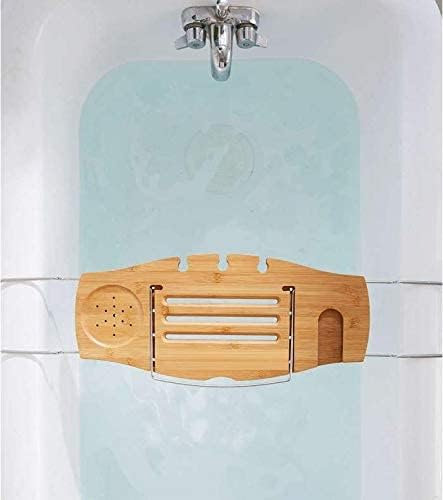 Bambus-Badewannen-Caddy, Holz-Tabletttisch | Die ausziehbare Badewanne passt mit rutschfesten Griffen sicher über die Wanne Badewannenbrett inklusive Weinglashalter und Leseständer für Tablet und i