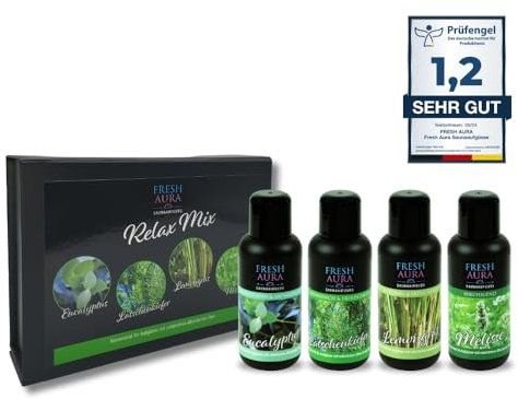 FRESH AURA Saunaaufguss Set – Sauna Aufgussmittel Geschenkset 4 x100 ml mit natürlichen ätherischen Ölen – Sehr ergiebige und langanhaltende Saunadüfte – Relax Mix | Made in Germany