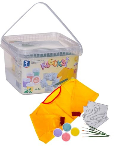 Feuchtmann KLECKSi Pastell + Zubehör | 4x150g Fingermalfarbe | Malschürze, Pinsel, Malkarten | Malfarbe ungiftig, auswaschbar | kreatives Malen für Kinder