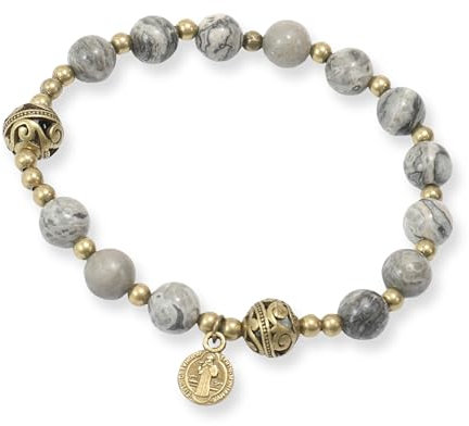 Nazareth Store Bracciale rosario con perline di pietra con distanziatori in metallo e medaglia cattolica - Gioiello da polso resistente ed elegante (Pietra della mappa | San Benedetto)