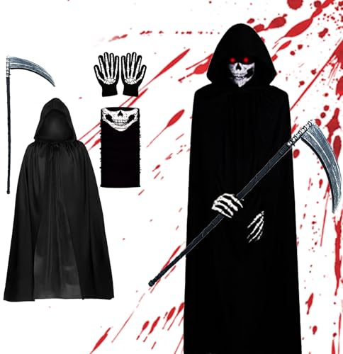 4 Pièces Costume De Faucheuse d'Halloween, Halloween Faucheuse, Costume De Faucheuse Pour Enfants, Masques, Faux, Gants, Capes Mortuaires, Costumes d'Halloween Pour Hommes Et Femmes Cosplay,Carnaval