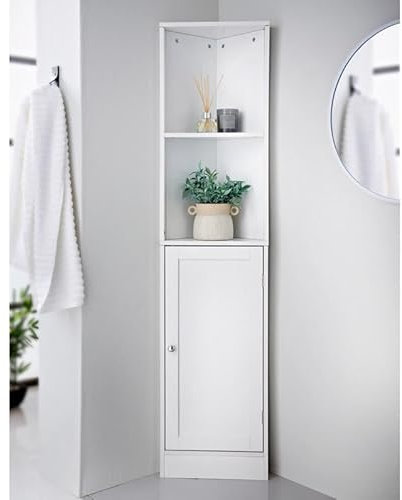 spot on dealz® Corner Bathroom Storage Cabinet – Tall Slim Cupboard with 2 Open Shelves & 1 Door - White Freestanding Wooden Corner Shelf Unit for Small Spaces