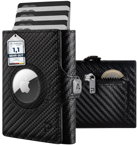 PURISTO KLIK Classic AirTag Wallet mit Münzfach - Mini-Geldbörse für Herren aus Echtleder - Kleines Kartenetui mit RFID-Schutz für 10-14 Karten - Carbon