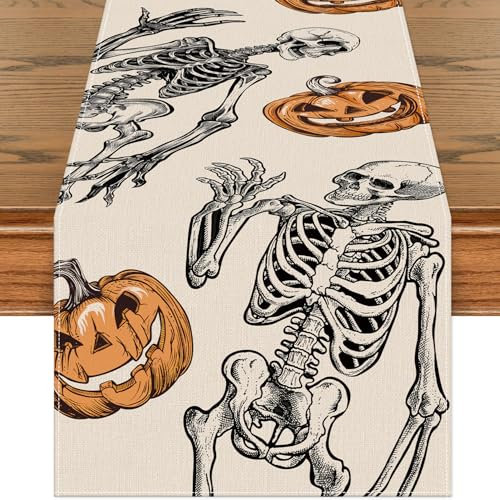 Hebterrka Camino de mesa de Halloween de 72 x 13 pulgadas, lino y yute, decoración de mesa de cocina y comedor, reutilizable y lavable a máquina, diseño de esqueleto de calabaza