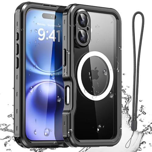 AICase Waterproof Case Compatible with iPhone 16 Plus with MagSafe Snowproof, Dustproof and Shockproof, IP68 Certified Full Body Protection Fully Sealed Underwater Cover-Black