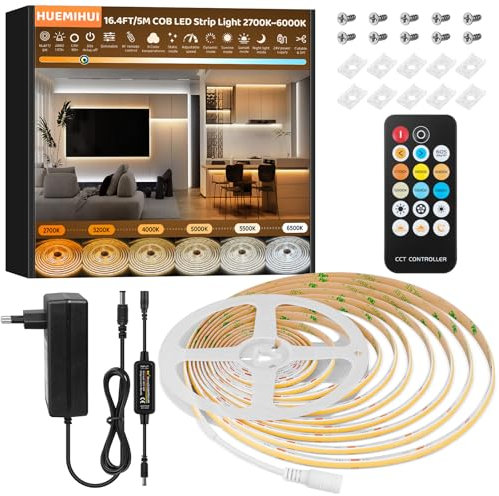 COB LED Streifen 5m, Hohe Dichte Super Helle 2880LEDs Flexible COB LED Lichter mit RF Fernbedienung, Dimmbares 2700K-6500K CRI90+ Selbstklebend 24V LED Strip Kit mit 24V Netzteil für Heim Gewerbe DIY
