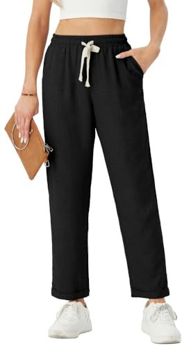 PrinStory Women's Lightweight Trousers, Casual Straight Leg Trousers, Elasticated Waist, Black, XL