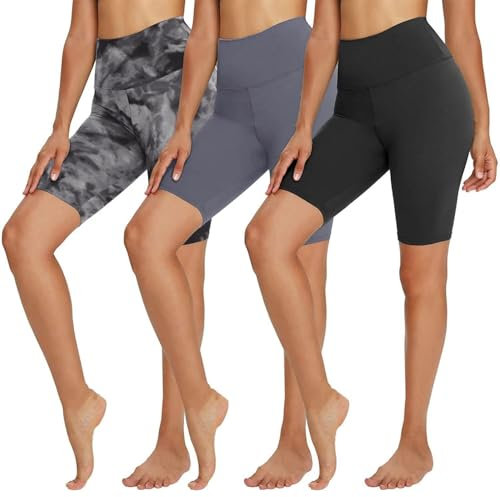 TNNZEET 3er Pack Radlerhose Damen High Waist Shorts Kurze Sporthose Blickdicht Sommer Leggings Unter Kleider für Sport Yoga,Schwarz/Dunkelgrau/Bedruckter Tie-Dye,L-XL