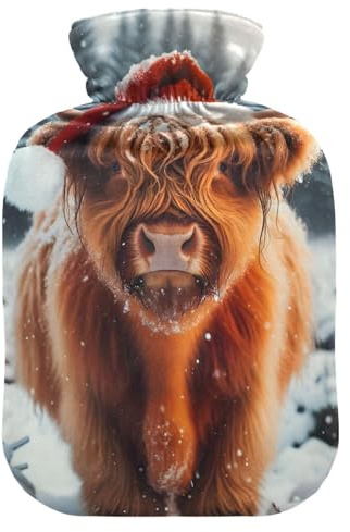Wärmflasche mit schneebedeckter Kuh, Wärme- oder Kaltwasserflasche mit weichem Bezug, Wärmbeutel zur Linderung von Nacken- und Schulterschmerzen, 1 l