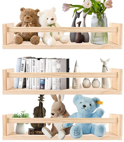 GBACHOOSE 3 Stück Wandregal Kinderzimmer 40cm, Bücherregal Kinder Wand aus Massivholz, Schweberegal Holz für Kinderzimmer, Wohnzimmer, Schlafzimmer, Küche, für Spielzeug, Bilder und Bücher