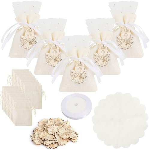 NAEBRO 30pcs Bolsas De Tela PequeñAs 8x10cm Bolsas De Regalo Con CáLiz De Madera y Cinta De Organza Para Bautizo Primera ComunióN Nacimiento Boda Regalos, Beige