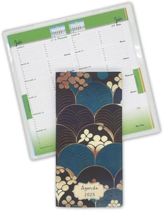 Taschenkalender 2025, Wochenkalender – Format 9 x 18 cm – kleiner Kalender von Januar bis Dezember 2025 mit Einband aus expandiertem Gummi, Art-Déco-Dekor