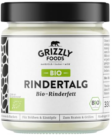 Grizzly Foods • BIO Rindertalg (1 x 330g) • Organic Beef Tallow • 100% natürlich • Hoher Rauchpunkt • Ohne Zusätze • Perfekt für Braten, Backen, Frittieren • Cremige Textur & buttrig-grasiges Aroma