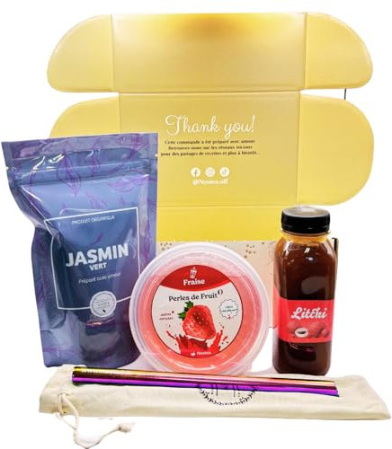 Nostea - Kit à Bubble Tea - Thé Vert Jasmin - Avec Sirop Litchi+ Perles Fraise et Paille Réutilisable - 100% Vegan, Sans Colorants Artificiels - Pour Plus de 10 Bubble Tea