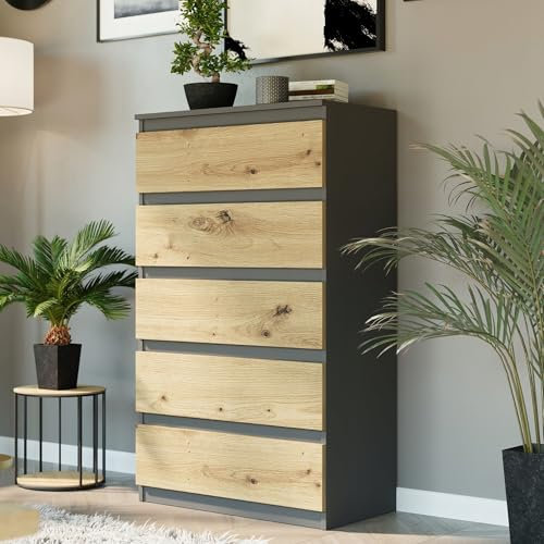 Home Collective Kommode mit 5 Schubladen Holz Schrank Kommode mit Schubladen Sideboard Highboard Anrichte Schlafzimmer Wohnzimmer Flur Büro Organizer | 70x40x121 cm Anthrazit Mix Artisan
