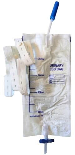 PA GROUP Bolsa de orina de pierna con válvula antirreflujo y grifo de desagüe en T con tubo y cordones, capacidad 750 ml (tubo de 35 cm – 10 unidades)
