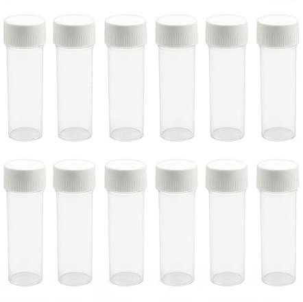 12Pcs 25ML Empty Clear Plastic Test Tubes with White Screw Caps Refillable Sample Bottles Candy Spices Beads Cosmetic Storage Container Vial Jars for Experiments Party