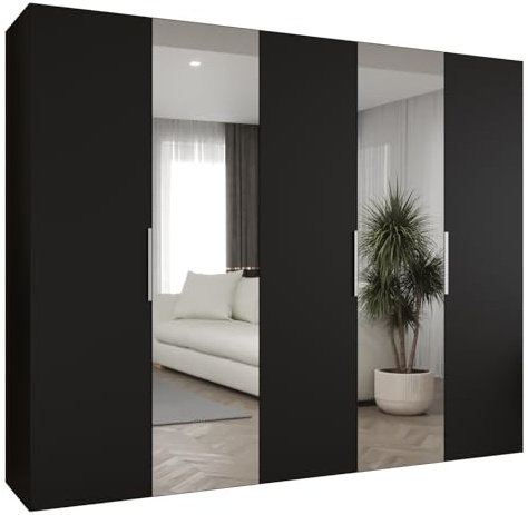 MEBLE KRYSPOL - Kleiderschrank mit Spiegel - Drehtürenschrank - Schrank 250x202x52cm - Garderobenschrank Schlafzimmer, Flur, Jugendzimmer - Farbe Schwarz, Griff Kaschmir - Marbella 2 250