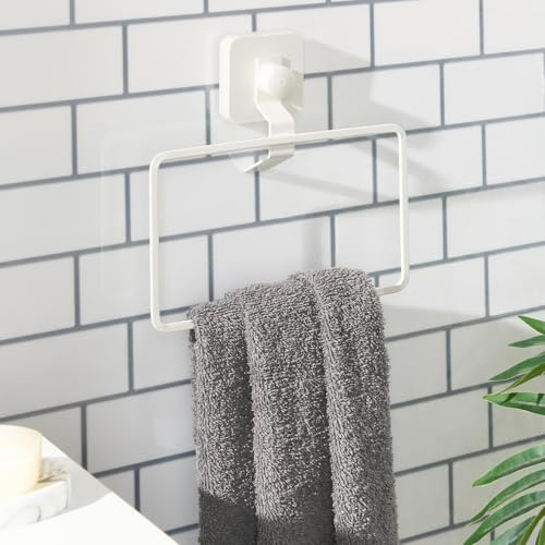 OHS Bathroom Towel Ring, White Metal Suction Towel Ring Drilling Rust Resistant Wall Mounted Hand Towels Holder for Bathroom Organizer & Kitchen Storage