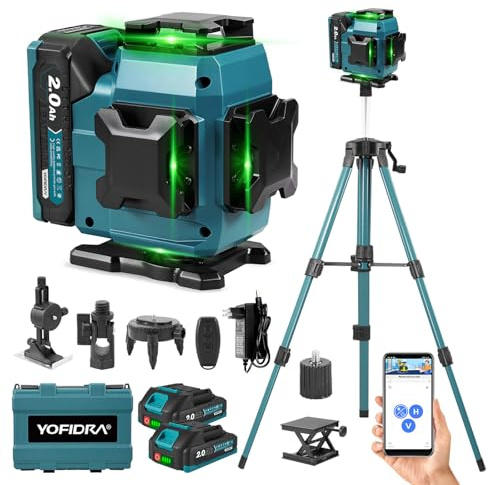 Yofidra Laser Level with Tripod, 4D x 360° Bluetooth Green Laser Level, Manual/Self-Leveling, IP54 Waterproof & Dustproof, 16 Lines Laser Spirit Level for Indoor Outdoor