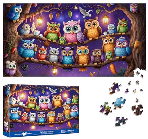 Reofrey Puzzle 1000 Teile - Nächtliche Versammlung Eule, Spezialform Puzzle Für Erwachsene, 41x80cm Unmögliches Klassische Puzzles, Familienspiel Wanddekoration Puzzle-Liebhaber