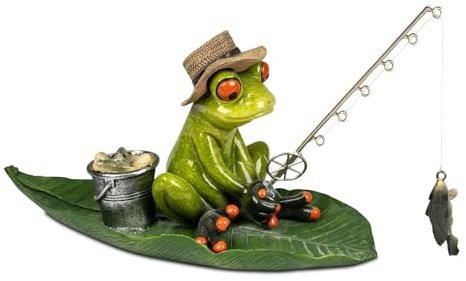 formano Frosch Angler auf Blatt Handbemalte Dekofigur aus Polyresin 19x14 x 9 cm - Humorvolle Wohnekoration mit Angelmotiv - Serie Froschhausen - glänzend