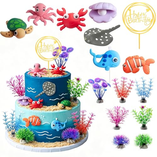 Tortendeko Meer 15 Stück 3D Meerestiere Torten Deko Schildkröte Wal Krake Muschel Algen Cake Topper Für Unterwasserwelt-, Strand- Und Maritime Geburtstagsdekorationen