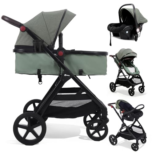 Sekey Kombi Kinderwagen Baby 3 in 1 Komplettset mit Regenschutz und Moskitonetz, Kinderwagen mit Liegefunktion bis 25kg, 0 bis 4 Jahre, 4-Rad-Federung, 5 Punkt-Gurt mit Reflektor, BW600, Grün