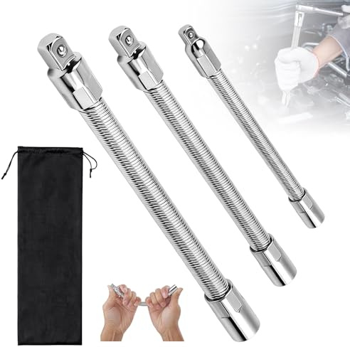 CVASNF Lot de 3 rallonges flexibles pour clés à douille, 1/4, 3/8, 1/2, tige d'extension flexible en acier à ressort, barres d'extension avec boule de sécurité pour clés à cliquet