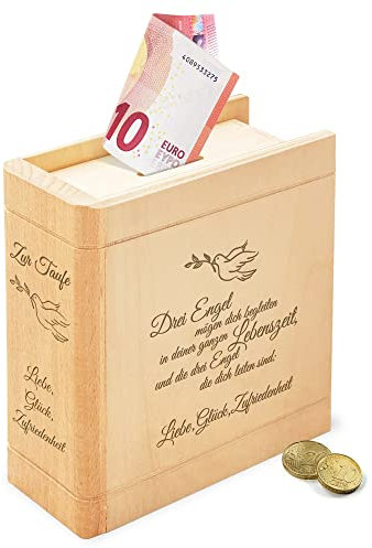 Casa Vivente Spardose aus Holz mit Gravur zur Taufe, Motiv Taube, Sparbüchse als Taufgeschenk für Mädchen und Jungen